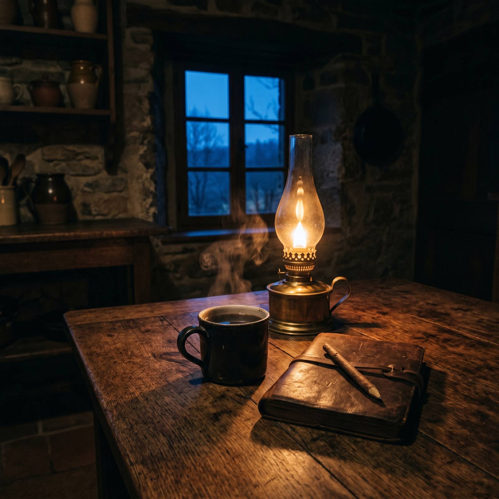 A desk before dawn: a lit oil lamp, coffee, an open journal.