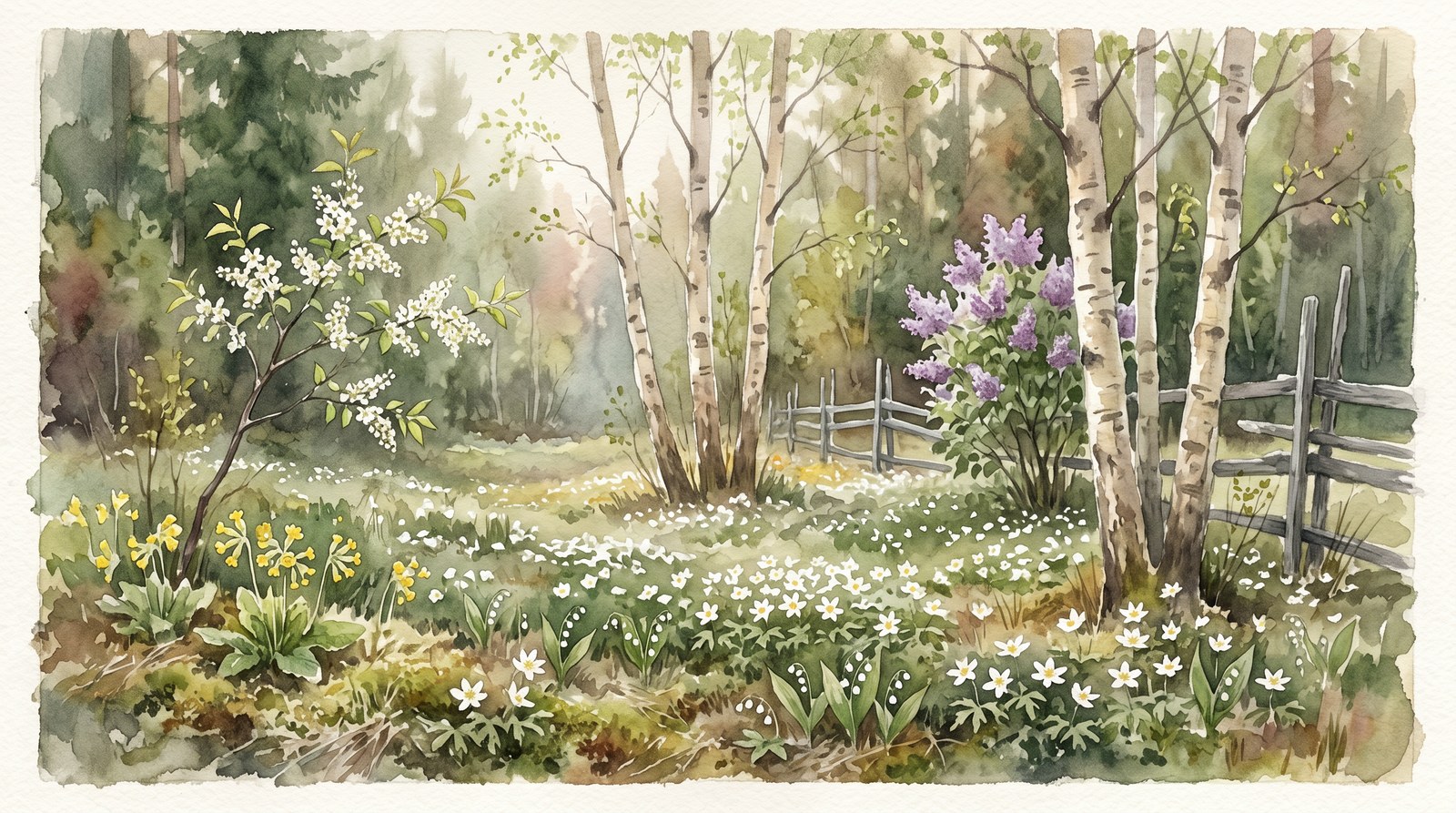 A loose watercolor of a spring glade in full bloom: birches, white anemones across the forest floor.