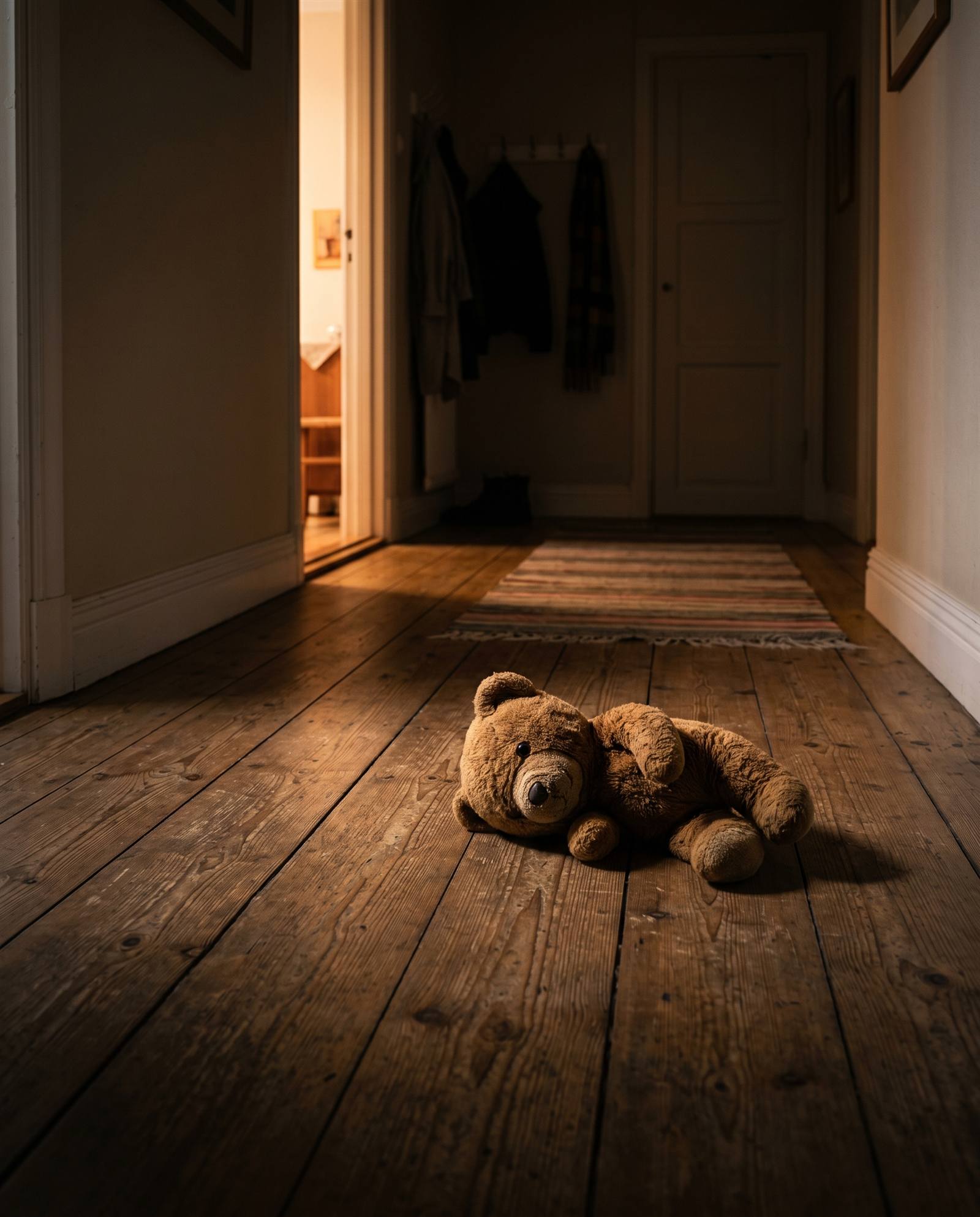 A teddy bear left on the floor of a dark hallway, light falling from a doorway.
