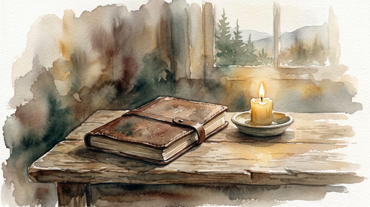 A watercolor of a worn leather journal beside a lit candle on a wooden table.