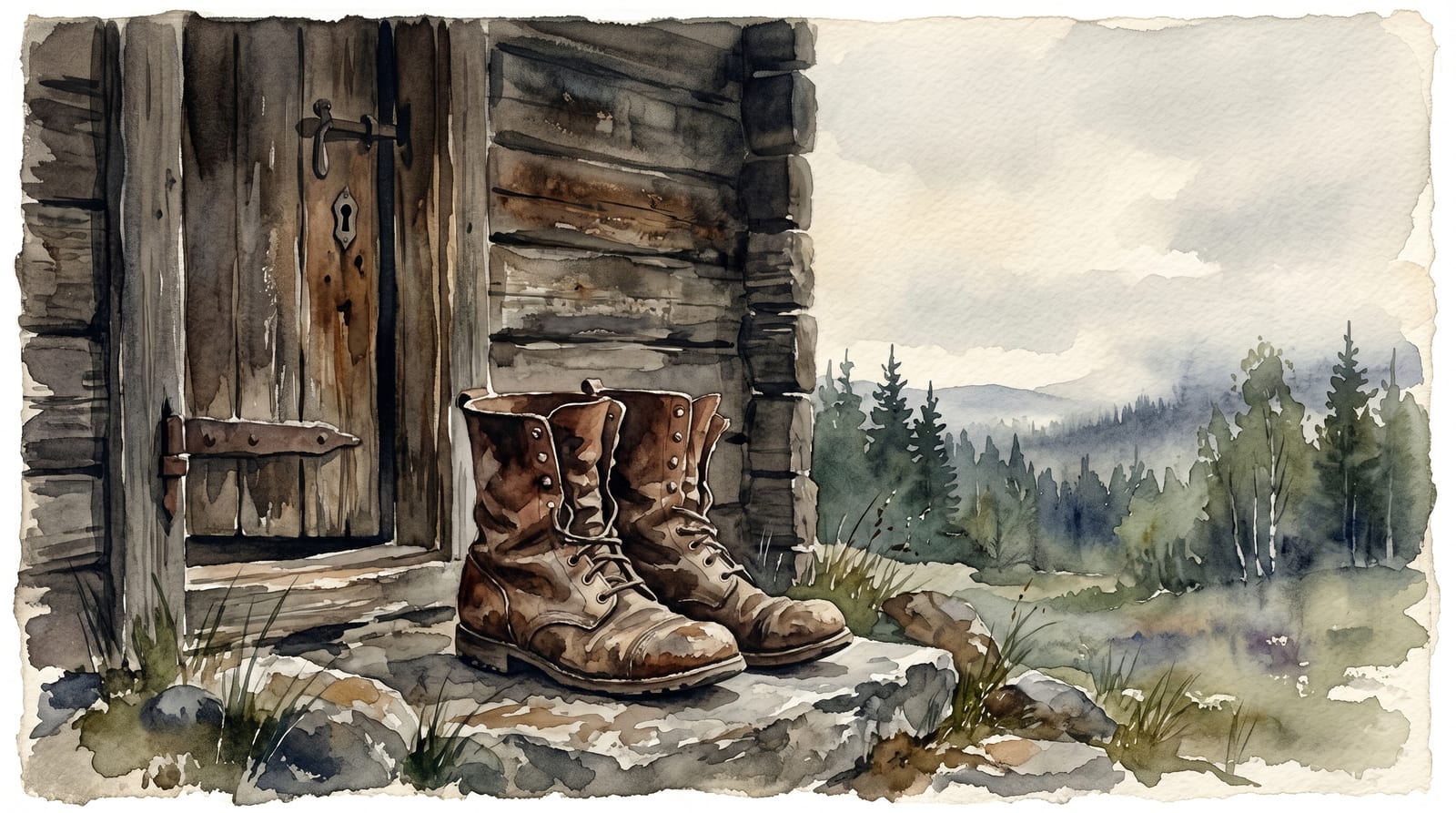A watercolor of worn leather boots resting on a stone step by a cabin door, forest and hills beyond.