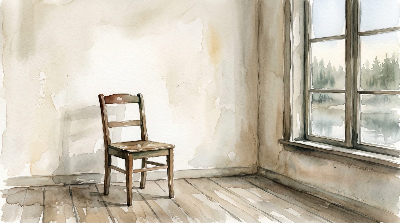 A watercolor of a simple wooden chair in a quiet room, morning light falling through a window onto worn floorboards.