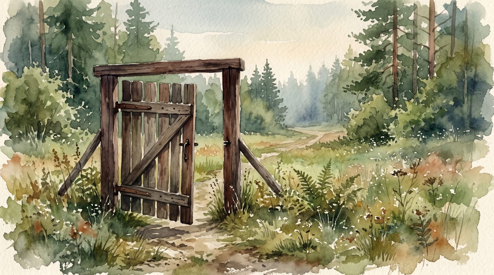 A watercolor of a weathered wooden gate standing open onto a summer meadow and a path toward the forest.