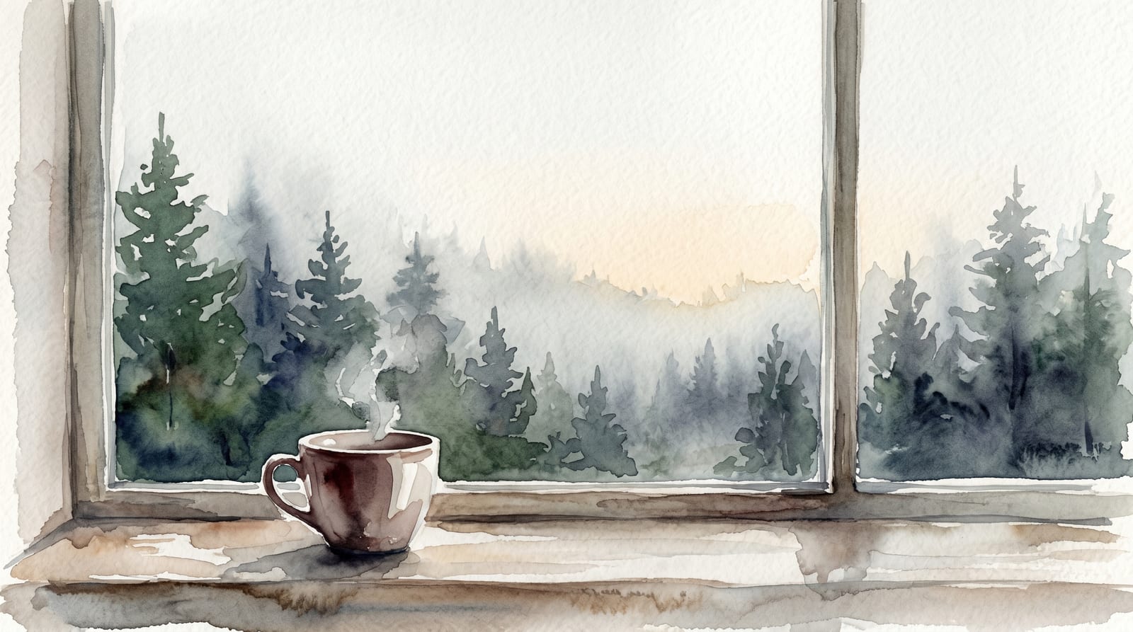 A watercolor of a steaming cup on a wooden windowsill, misty pines beyond the glass.